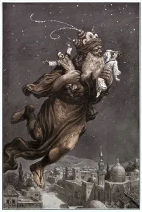 Minaret Prints: Illustration of Aladdin Flying Away with Two People from the Arabian Nights