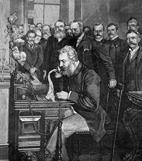 Illustration of Alexander Graham Bell Opening Telephone