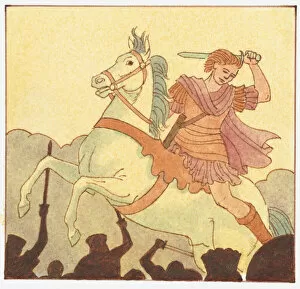 Illustration of Alexander the Great on in battle on horseback with sword above head
