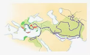 Alexander the Great (356 bc-323 bc) Collection: Illustration of Alexander the Greats route in purple and Empire in green