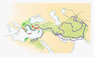 Domination Prints: Illustration of Alexander the Greats route in purple and Empire in green