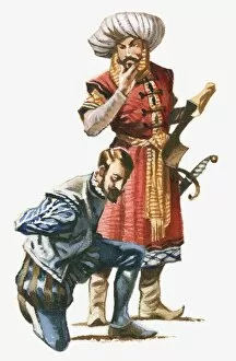 Images Dated 11th March 2010: Illustration of Algerian corsair standing over Cervantes who is kneeling with hands tied behind back