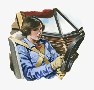 Images Dated 12th March 2010: Illustration of Amelia Earhart sitting in cockpit of Lockheed Vega aeroplane