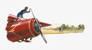 Images Dated 9th March 2010: Illustration of Amelia Earhart standing on red Lockheed Vega