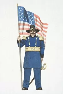 Images Dated 6th July 2006: Illustration, American Civil War Union soldier holding stars and stripes flag