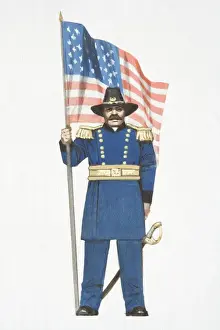General Prints: Illustration, American Civil War Union soldier holding stars and stripes flag