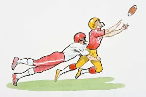 Illustration of American football player tackling opponent in mid-air as he reaches for ball