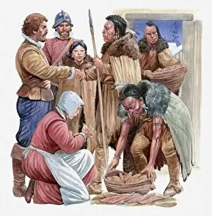 Images Dated 25th March 2011: Illustration of American Indians giving English settlers baskets of food