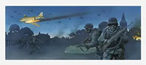 Parachute Prints: Illustration of American soldiers in fields at night on D Day and parachuting from aeroplane hit by enemy fire