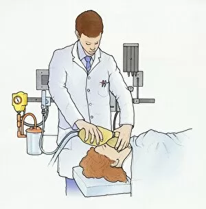 Illustration of anaesthetist administering anaesthetic to patient lying on operating table