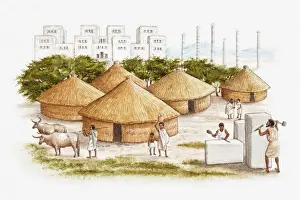 Working Prints: Illustration of ancient East African city of Axum showing people working marble in the foreground