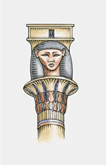 Ancient Egyptian Prints: Illustration of ancient Egyptian capital depicting head of Hathor