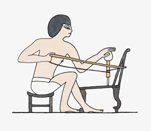 Looking Away Prints: Illustration of Ancient Egyptian carpenter using drill to bore hole in chair