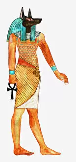 Illustration of Ancient Egyptian god of the dead Anubis holding symbol of Anhk