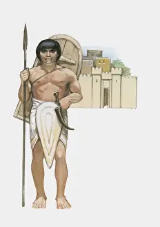 In Front Of Prints: Illustration of ancient Egyptian soldier holding spear in front of building