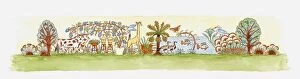 Illustration of ancient Egyptian wildlife and flora frieze
