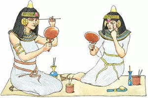Images Dated 14th November 2008: Illustration of ancient Egyptian women looking in mirrors to apply make-up