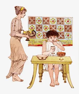 Ancient Greek Prints: Illustration of ancient Greek boy sitting at table eating, slave girl bringing him food