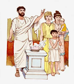 Illustration of ancient Greek family worshipping at altar