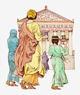 Illustration of ancient Greek girl and mother visiting a temple