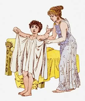 Images Dated 20th June 2011: Illustration of ancient Greek slave girl helping Greek boy dress