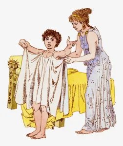 Boys Prints: Illustration of ancient Greek slave girl helping Greek boy dress