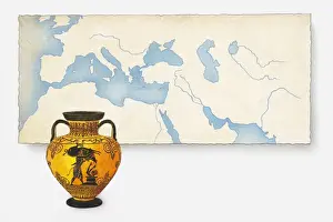Decorative Urn Prints: Illustration of ancient Greek urn in front of map showing the wider area where Greek pottery has been found