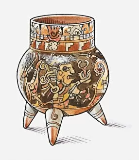 Illustration of ancient Latin American, bowl-shaped artefact, decorated with paintings