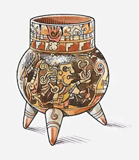 Images Dated 26th April 2010: Illustration of ancient Latin American, bowl-shaped artefact, decorated with paintings