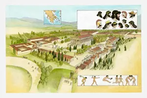 Illustration of ancient Olympia, athletes performing in the Games and heads of Greek Gods