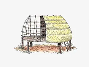 Residential Structure Prints: Illustration of ancient raised house, Thailand