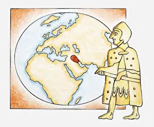 Sumerian Civilization Prints: Illustration of ancient Sumerian next to a map highlighting ancient Sumer