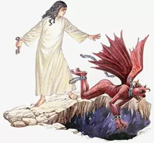 Ravine Collection: Illustration of angel looking on as red dragon with seven head disappears through hole in Earth