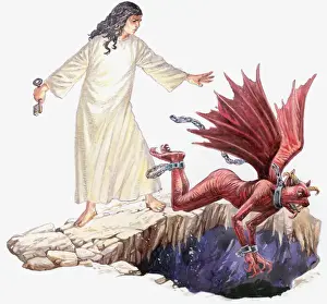 Fear Prints: Illustration of angel looking on as red dragon with seven head disappears through hole in Earth
