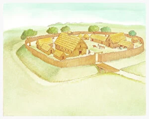 Village Collection: Illustration of Anglo-Saxon village surrounded by high wooden fence, and moat