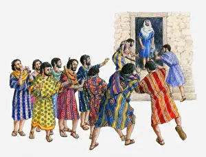 Illustration of angry mob of men outside house as Lot stands in doorway