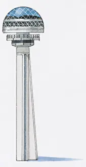 20th Century Style Prints: Illustration of Ankaras Atakule Tower with revolving restaurant on top