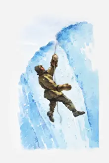 Warm Clothing Prints: Illustration of Antarctic explorer in crevasse hanging onto rope
