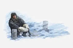Warm Clothing Prints: Illustration of Antarctic explorer in icy gale