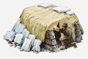 Illustration of Antarctic explorer outside igloo