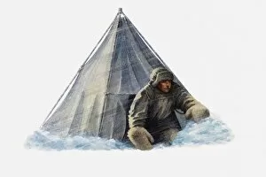 Illustration of Antarctic explorer outside tent