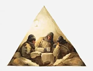 Illustration of Antarctic explorers inside tent