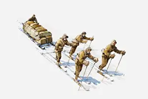 Antarctic Prints: Illustration of Antarctic explorers on skis pulling sledge