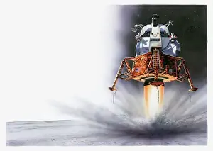 Exploration Prints: Illustration of Apollo Eagle Lunar module landing on the moon, 1969