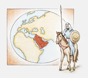 In Front Of Prints: Illustration of an Arab man on horseback in front of a map of ancient Arabia