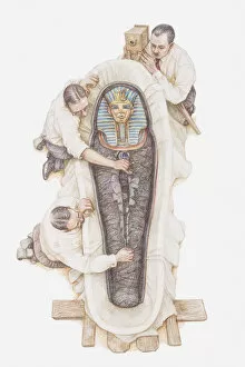 Illustration of archaeologists opening sarcophagus of Tutankhamun