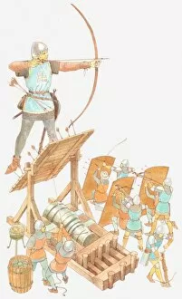 Images Dated 29th June 2011: Illustration of archer with longbow, archers with shields, and cannon during Hundred Years War