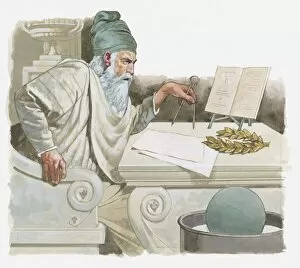 Illustration of Archimedes discovering how to measure volume and working out how things float