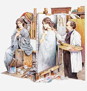 Oil Painting Prints: Illustration of artists model posing for Dante Gabriel Rossetti painting Proserpina in his studio