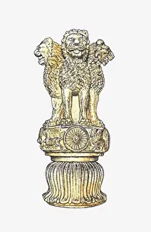 Traditionally Indian Prints: Illustration of Ashokan decorated capital, Sarnath, India